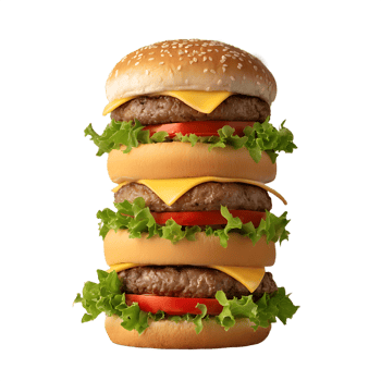 Triple decker cheeseburger sesame seed bun lettuce tomato beef patty cheese png
