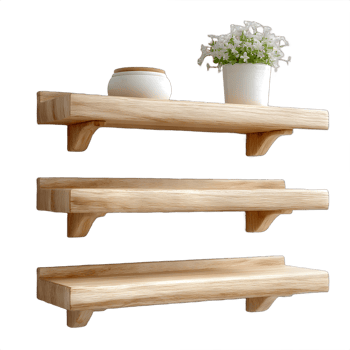 Three rustic wooden shelves with a plant and small container png