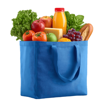 Blue reusable shopping bag filled with groceries apples tomatoes grapes juice cheese lettuce bread png