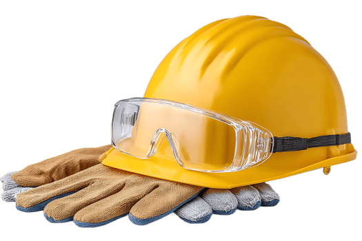 Yellow hard hat safety glasses work gloves construction safety equipment png