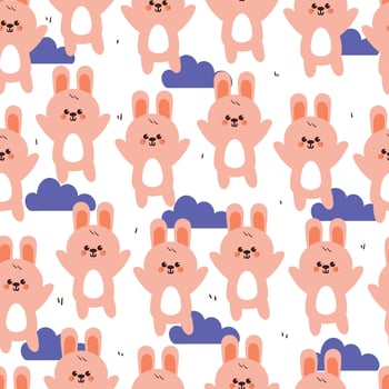cute hand drawing cartoon bunny with blue clouds seamless pattern. cute animal pattern in white background for gift wrap paper and wallpaper vector