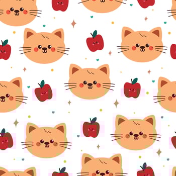 cute hand drawing cartoon cat with red apple character seamless pattern. cute animal pattern in white background for gift wrap paper and wallpaper vector
