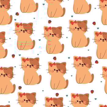 cute hand drawing cartoon cat wearing red bow pin and strawberry seamless pattern. cute animal pattern in white background for gift wrap paper and wallpaper vector