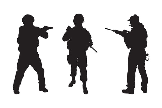 Army Soldier Silhouette Set Featuring Armed Soldiers in Tactical Poses Including Kneeling and Shooting Isolated on White Background for Web and Mobile Use vector