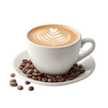 A cup of latte art coffee with roasted beans on a saucer png