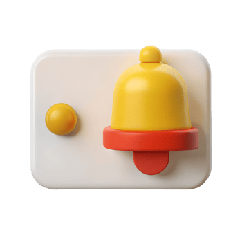 3D Notification Bell Icon Alert, White Rounded Square Background, Shiny Yellow Bell with Red Accent, Modern Design Transparent Background png