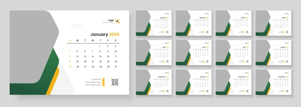 Calendar 2026 planner corporate template design set. Week starts on Sunday. vector