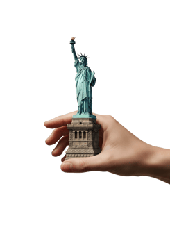 Tiny statue of liberty held in hand, patriotic usa symbol in miniature form png