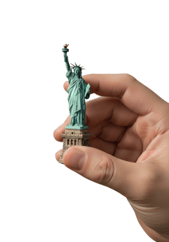 Hand holding miniature statue of liberty against transparent backdrop, iconic symbol in palm png