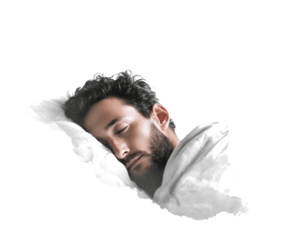 Peaceful man sleeping with white bedding in serene setting png