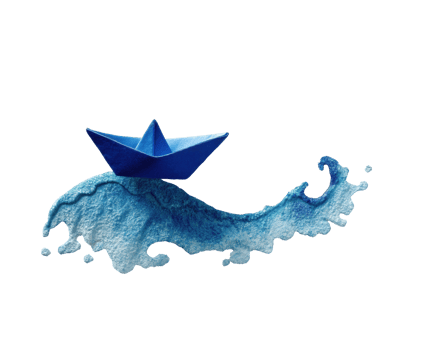 Blue paper boat sailing on waves of watercolor png