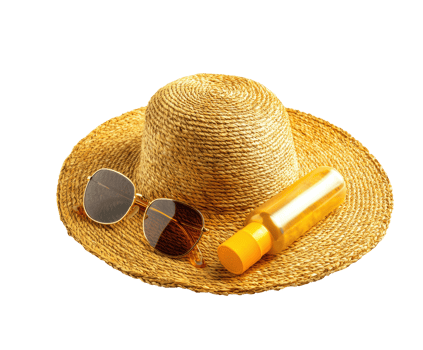Summer essentials sun hat, shades, and sunscreen png