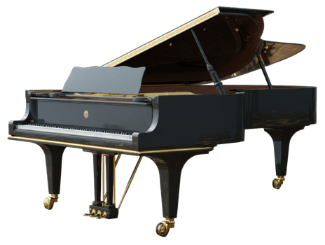 Elegant grand piano with polished black finish and gold accents png