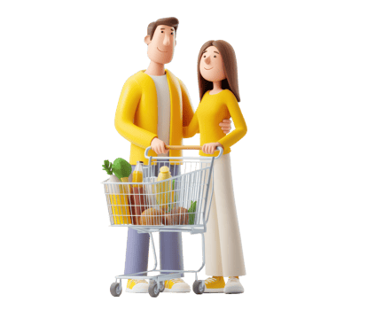 Happy couple shopping together with a grocery cart png