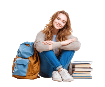 Student relaxing with books and backpack in a study space png