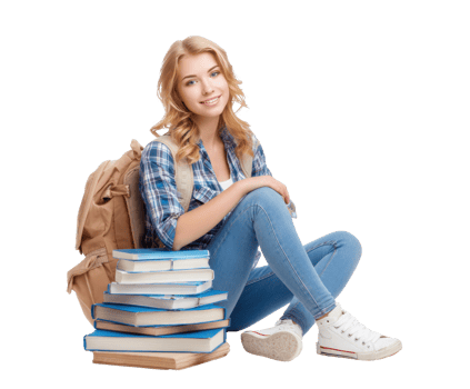Young student sitting with books and a backpack at school png