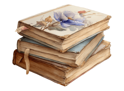 Stacked vintage books with floral designs on covers png