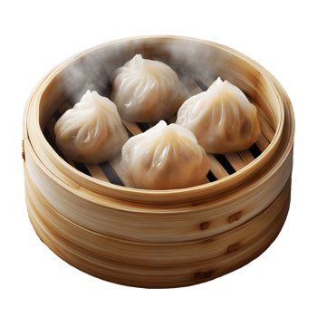 Steaming Delicious Xiao Long Bao Dumplings in Bamboo Steamer Basket png