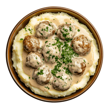 Delicious Swedish Meatballs with Creamy Gravy and Mashed Potatoes Overhead Shot png