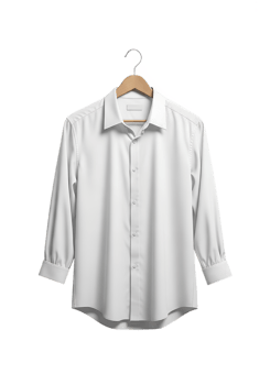 Classic white dress shirt hanging on a hanger, minimalist wardrobe essential png