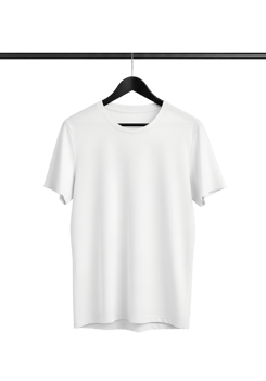Basic white t-shirt hanging on plastic hanger, front view, minimalist clothing display png