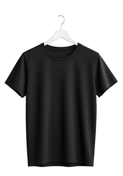 Black t-shirt on a hanger isolated, plain cotton apparel against transparent background png