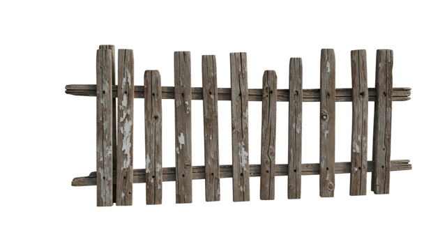 Aged wooden fence isolated, cracked and worn planks, minimalist rural aesthetic png