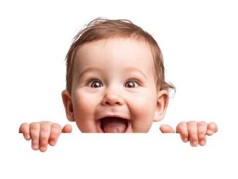 Happy baby smiling with hands over a blank space png