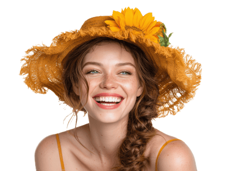 Bright summer smile with a sunflower hat for joyful moments png
