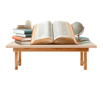 Knowledge exploration with books and globe on a study table png