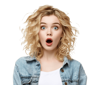 Surprised young woman with curly hair expressing shock and joy png