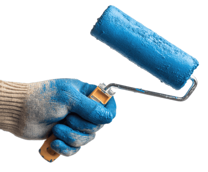 Hand holding paint roller with blue paint for home improvement png