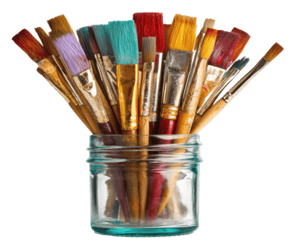 Colorful artist brushes in glass jar for creative projects png
