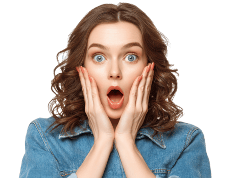 Surprised woman expressing astonishment in casual denim attire png