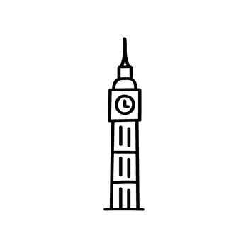 This is a graphic with a hand drawn line, showing a simple doodle style icon of the famous Big Ben clock tower, located in London, England vector
