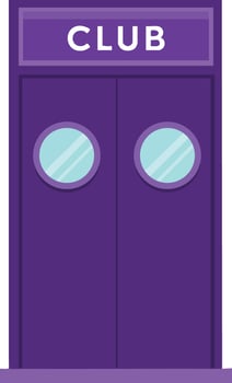Purple club entrance doors with round windows and club sign illustration vector