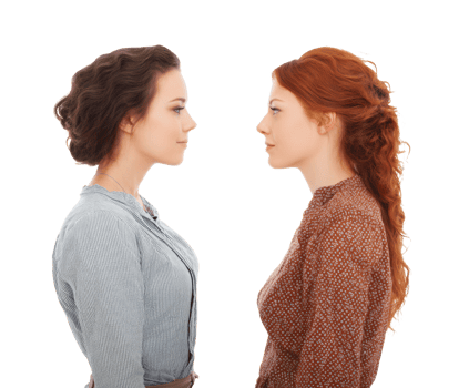 Two women facing each other showcasing friendship and connection png