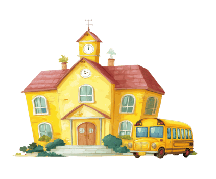 Charming yellow schoolhouse and bright yellow school bus png