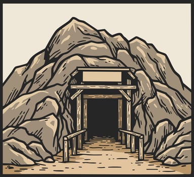 Mountain cave entrance with wooden bridge and rocky landscape natural outdoor scene illustration vector