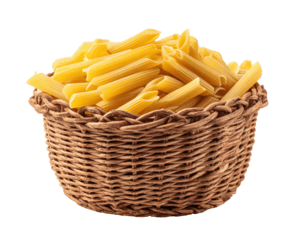 Pasta in a woven basket ready for cooking and serving png