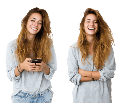 Joyful woman smiling and using smartphone for communication png