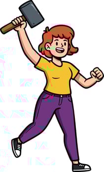 Young woman holding hammer celebrating success in casual clothes illustration graphic vector