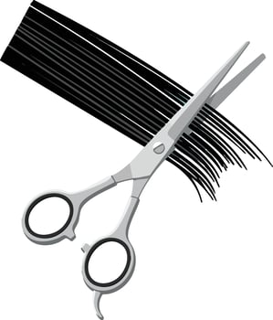 Hair scissors cutting black hair strand stylish illustration for hairdressing design and beauty salon tools vector