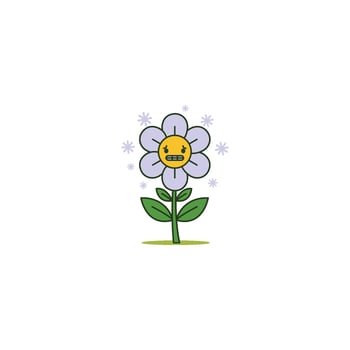 An icon of a purple flower with snowflakes surrounding it and a bundled-up face, representing winter, cold, and the dormant period of nature. vector