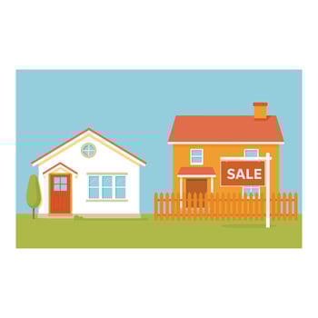 Two houses with a sale sign in front of one of them vector