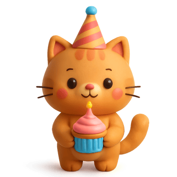 Cute Cat Celebrating Birthday with Cupcake and Party Hat png