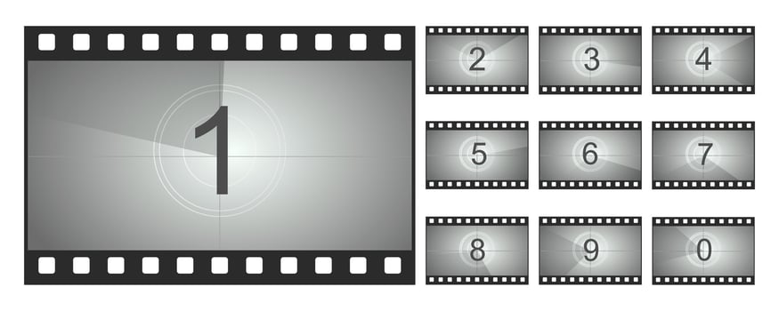 Countdown background movie frame, film intro animation retro screen. Start Timer set, film strip border, Vintage counter. vector