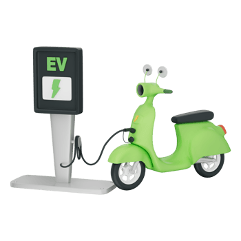Electric scooter with retro motorbike design powered by battery and plug shows green energy mobility and sustainable transport for smart city, eco concept, transparent background, 3d illustration. png
