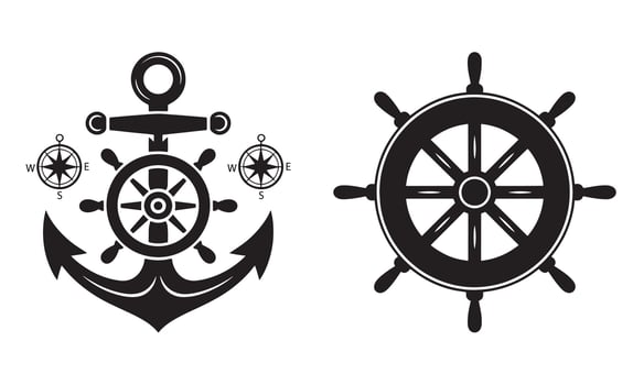 Nautical symbols anchor ship wheel compass rose icons for marine navigation and travel vector