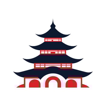 Stylized Illustration of Pagoda Structure with Traditional Japanese Architecture and Red Bridge Design Elements vector